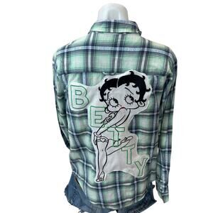 Betty Boop Plaid Button Down Shirt LARGE RelaxedUnique Rockabilly. Upcycled